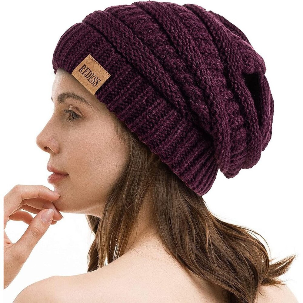 Women's Slouchy B5 Purple Beanie Winter Warm Chunky Skull Cable Knit Hat Cap